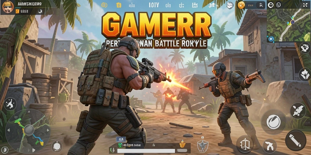 Screenshot GAMERP menunjukkan aksi mendebarkan dalam pertempuran Battle Royale.