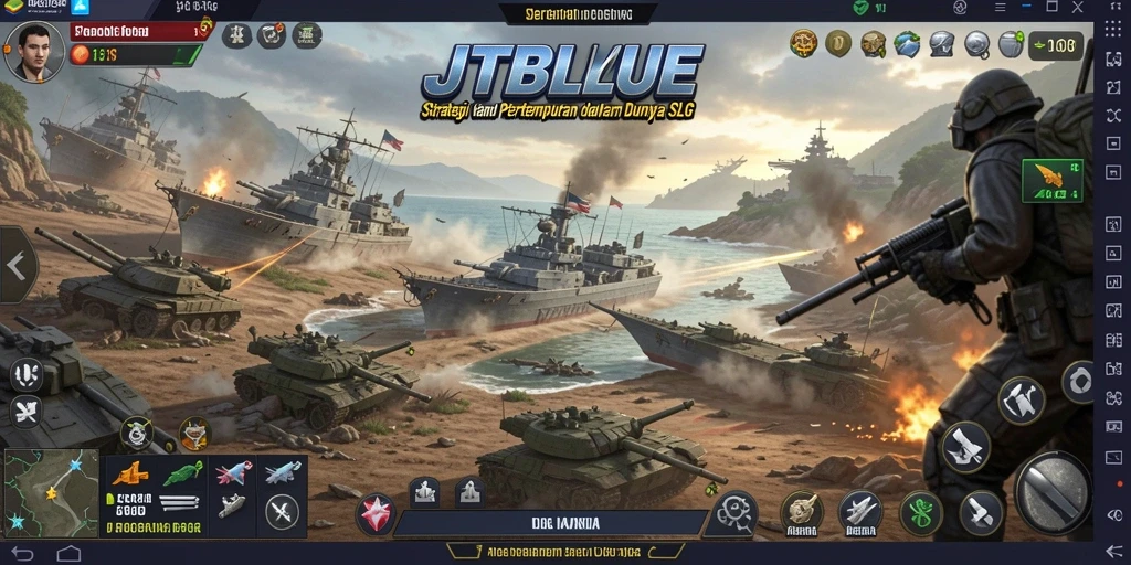 Screenshot dari gameplay JTBLUE yang menunjukkan strategi dan pertempuran.
