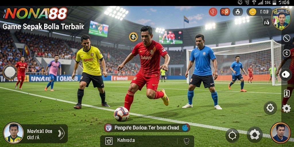 Screenshot utama NONA88 menampilkan gameplay penuh aksi sepak bola.