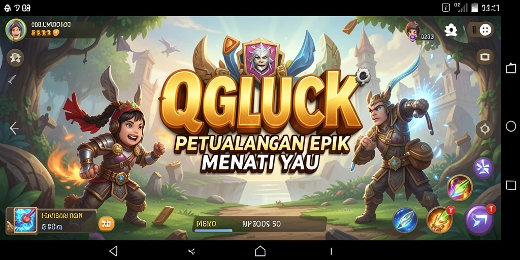 Screenshot utama QGLUCK menampilkan petualangan menakjubkan di lingkungan fantasi.