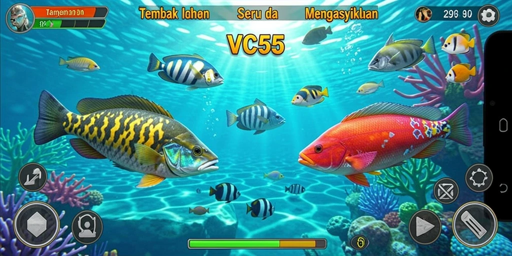 Screenshot gameplay VC55 menampilkan aksi seru berburu ikan.