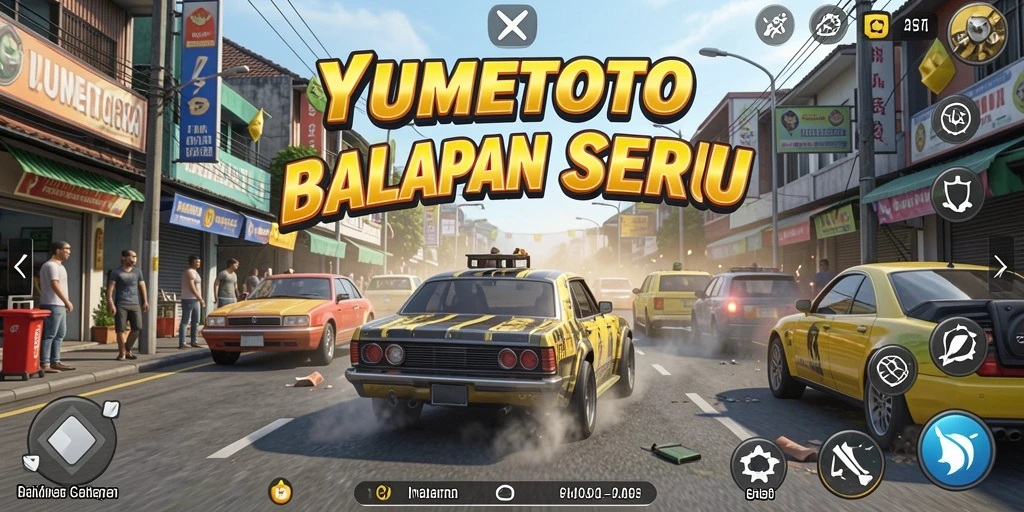 Tangkapan layar YUMETOTO menampilkan aksi balapan mobil yang mendebarkan.